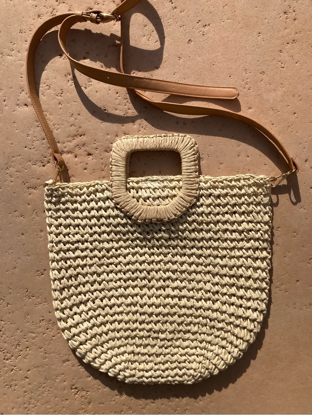 Neutral Raffia Straw Tote Bag Cream Woven Beach Vacation Crossbody Purse Coastal - Picture 7 of 7